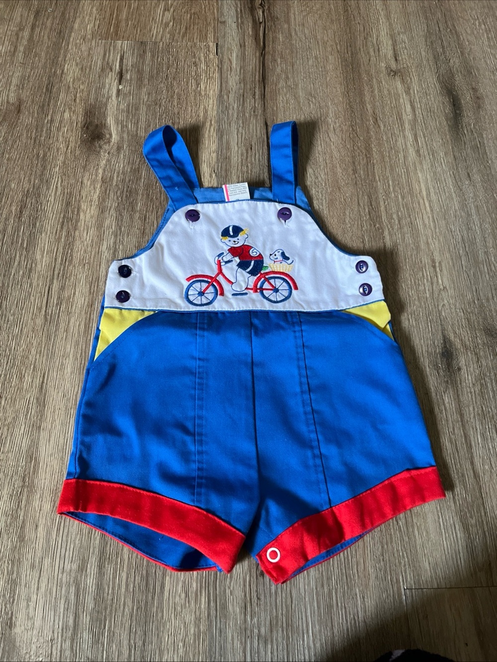 Vintage 1980s Boys 24M Blue Short Overalls Jumper Bear Riding Bicycle